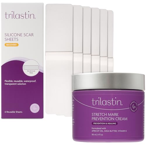 TriLASTIN Maternity Stretch Mark Prevention Cream (4oz) Bundle with Sillicone Scar Sheets (6 count) | Pregnancy Must-Have | Safe and Hypoallergenic Gift for First-time Moms | Postpartum Essentials