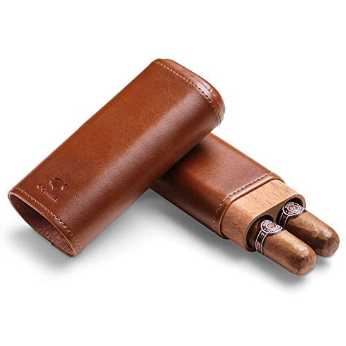 Brown Genuine Leather Cedar Wood Lined 2 ct Sturdy Cigar Case Travel Holder - Thumbnail 3
