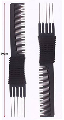 2pcs Black Carbon Lift Teasing Combs with Metal Prong, Salon Teasing Lifting Fluffing Comb with 5 Stainless Steel Pins