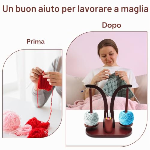 Wooden Crochet Ball Holder, Double Rod Wool Unwinder, Magnetic Wool Reel Holder with Storage Box for Knitting Accessories and Mobile Phone Holder (Retro Colour)