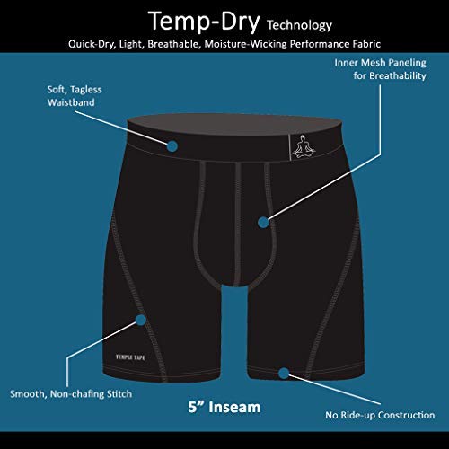 Temple Tape Underwear for Men Sports Performance Boxer Briefs 3-PK Black Medium - Thumbnail 2