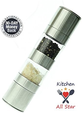 Kitchen All Star 2 In 1 Salt & Pepper Grinder Set | Manual, Compact & Dual Chambered Shaker For Spices, Peppercorn, Cumin, Himalayan Salt & More | Stainless Steel Mill With Ceramic Grinder & End Caps