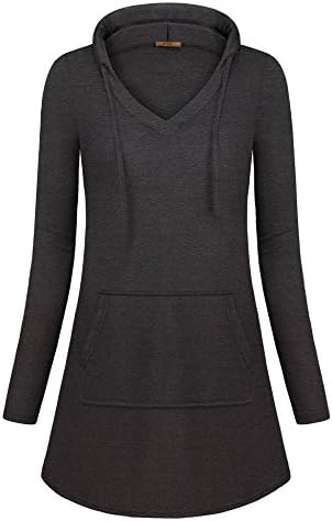 MCKOL Long Hooded Sweatshirts for Women, Long Sleeve V Neck Lightweight Pullover Sweatshirts Daily Life Wear with Kangaroo Pocket(Carbon Black,X-Large)
