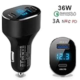 Fast PD Car Charger Quick Charge 3.0 USB Type C Dual 18W LED Digital Voltmeter Rapid Car Adapter 36W with 2USB Power Delivery for iPhoneXR XSMax iPad Pro Air MacBook Pixel3XL Samsung GalaxyS9Note8 Tab