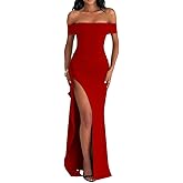 LAGSHIAN Women's Elegant Bodycon Off Shoulder Sleeveless High Split Ruched Long Formal Evening Dress
