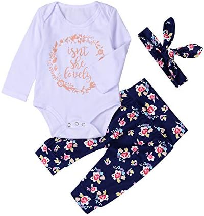 Waapaa 3PCS Baby Girl Isnt She Lovely Romper Bodysuit Pants Hairband Clothes Outfits Set