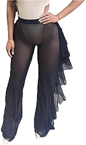Rachel Charm Sexy Women High Waist See-Through Ruffle Sheer Bikini Bottom Cover-up Pants (L(US 8-10), Black)