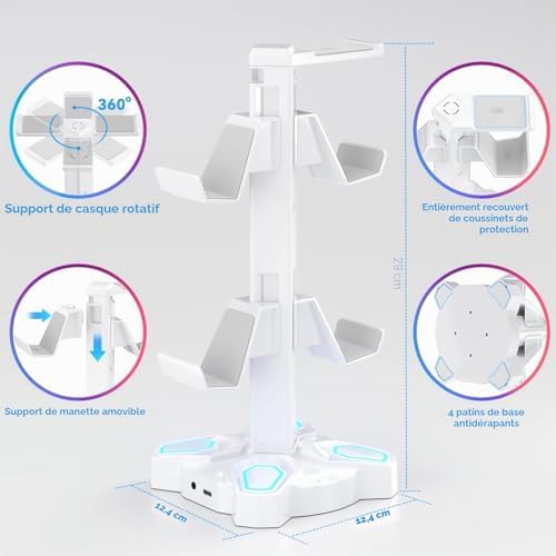 Support Casque Gamer, Porte Casque Rotatif avec 9 Modes de Lumière, Support Manette avec 2 Ports USB, Port 3.5 mm et Type C, Repose Casque & Porte Manette pour PS5 PS4 Xbox Series X One; Blanc