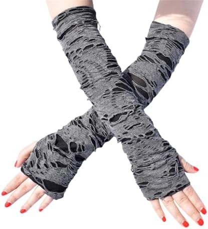 HeiBai Xiong Punk Ripped Arm Warmers For Women Goth Fingerless Arm