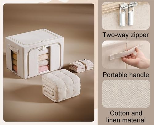 Ymlike 2 Pack Clothes Organizer Box Storage, Foldable Metal Frame Clothing Storing Bins with Double Visable Window, Large Capacity Cloth Container with Reinforced Handles, (66 L) (Cream Yellow)