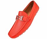 Amali Mens Red Perforated Smooth Driving Loafer Shoes with Silver Double Bar Ornament: Style 1052-005