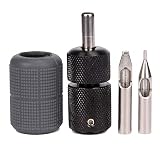 Tattoo Grip 25mm Black Aluminum Alloy Self Lock Tattoo Grips with Gray Silicone Grip Cover Tattoo Tips 5R 5F for Coil Tattoos Rotary Machine Gun Kit Beauty Body Care