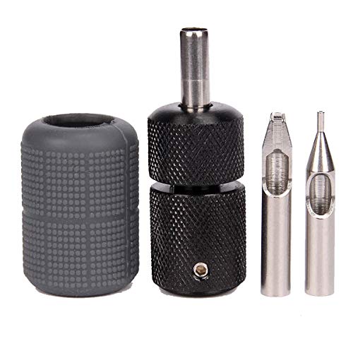 Tattoo Grip 25mm Black Aluminum Alloy Self Lock Tattoo Grips with Gray Silicone Grip Cover Tattoo Tips 5R 5F for Coil Tattoos Rotary Machine Gun Kit Beauty Body Care