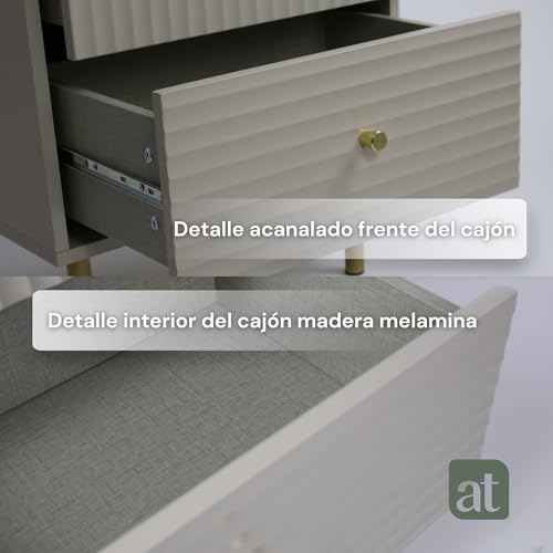 ALTALIA DECO HOME Buró para Recamara Minimalista - Buro de Madera con 2 Cajones amplios Acanalados - Buró de Noche Moderno - Buros Mesa Auxiliar Herrajes Dorados - 48x40x58 cm (Gris) (Gris)