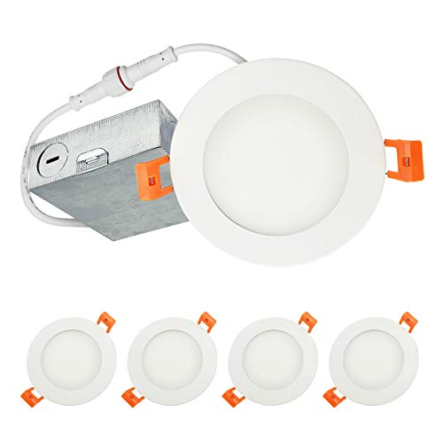 LUXTER (4 Pack) 4 inch Ultra-Thin Round LED Recessed Panel Light with Junction Box, Dimmable, IC Rated, 12W (60 Watt Repl.) 5000K Daylight 900 Lm. No Can Needed ETL & Energy Star Listed