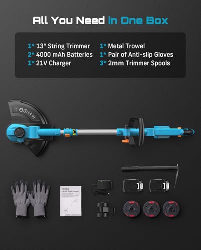 Seesii 21V Brushless 13" Electric Weed Wacker Cordless String Trimmer and Wheeled Edger with 2 x 4.0Ah Battery, Telescopic Pole (42"-56"), Auto-Feed, Ultra-Lightweight for Yard/Lawn