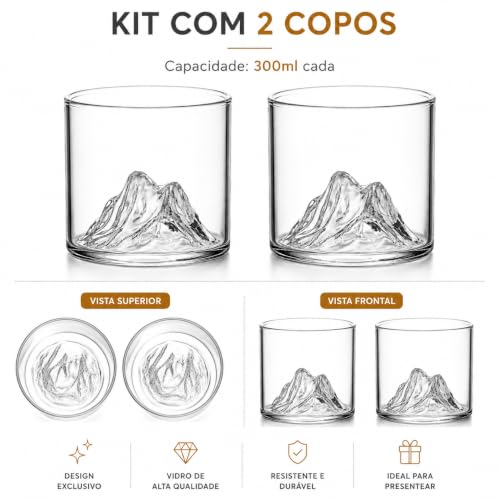 Kit 2 Copos Whisky Design Montanha Everest 300ml Cristal Transparente Premium Vidro Reforçado Drinks Luxo