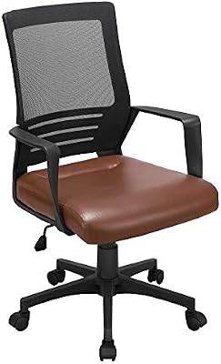 Amazon Com Yaheetech Office Desk Chair Mesh Rolling Lumbar Support Computer Chair With Leather Padded Seat Ergonomic Adjustable Task Chair Brown Kitchen Dining