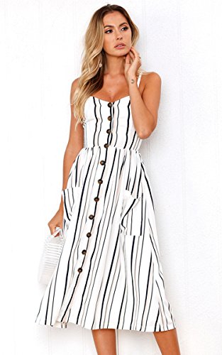 Angashion Women's Dresses-Summer Floral Bohemian Spaghetti Strap Button Down Swing Midi Dress with Pockets White Striped L