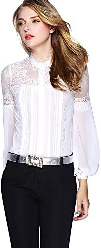 DIFANER Women Blouses Lace Ruffle Neck Balloon Long Sleeve Stand Collar Button-Down Shirts White Color Tops Bodysuit