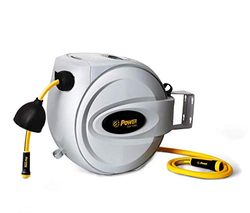 Power Retractable Hose Reel 1/2" x 100 ft, Super Heavy Duty, 500 PSI Burst Strength, 3 Layer Hybrid Hose, Slow Return System, Exclusive Twist Collar and The Patented Nozzle Protector