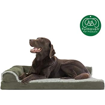 Furhaven Pet Dog Bed | Deluxe Orthopedic Two-Tone Plush Faux Fur & Suede L Shaped Chaise Lounge Living Room Corner Couch Pet Bed w/ Removable Cover for Dogs & Cats, Dark Sage, Large
