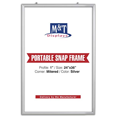 M&T Displays Portable Snap Poster Frame 24x36 Inch Silver 1" Aluminum Profile Front Loading Wall Mounting Photo Picture Document Certificate Sign Holder Mitered Corner Anti Glare Cover