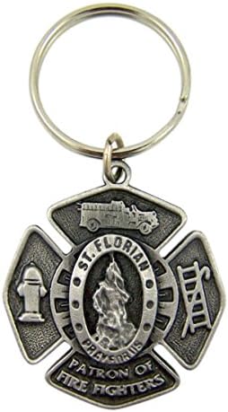 Fine Pewter Saint Florian Patron of Fire Fighters Badge Medal Key Chain,1 5/8 Inch