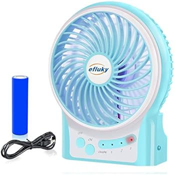 efluky 3 Speeds Mini Desk Fan, Rechargeable Battery Operated Fan with LED Light and 2200mAh Battery, Portable USB Fan Quiet for Home, Office, Travel, Camping, Outdoor, Indoor Fan, 4.9-Inch,Blue