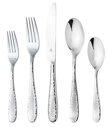 DANIALLI 20 Piece Silverware Set For 4, 18 10 Stainless Steel Silverware Set, Modern Fidenza Hammered Flatware Set, Knife/Fork/Spoon & Long Teaspoon/Salad Fork Mirror-Polished Dishwasher Safe Cutlery