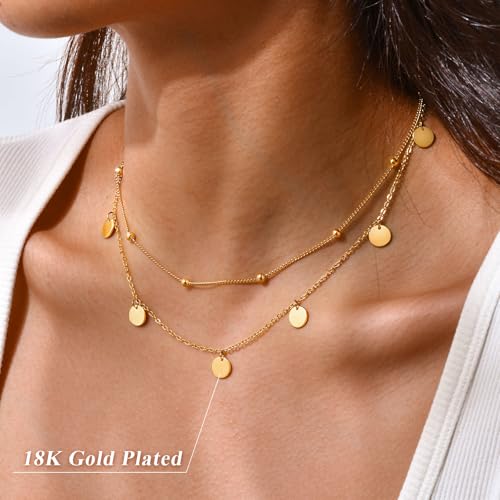TempBeau Halskette Damen mit Kleinen Runden Plättchen, 18K Vergoldet Halsketten für Frauen aus Edelstahl, Layering Kette Damen 40+5 CM für Geburtstag Muttertag Jahrestag Geschenk (Runde Marke) thumbnail 3