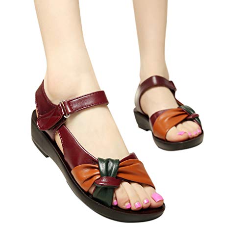 Dressin Women Leather Sandals Womens Fashion Bow Summer Shoes Low Wedges Heel Shoes Ultra Comfy Flats Sandal
