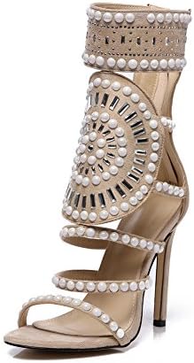KJJDE Women's Hollow High Heel Sandals GZSL-813-10 Fashion Rhinestone Open Toe Party Pumps Sexy Dress Evening Stilettos, Beige,37