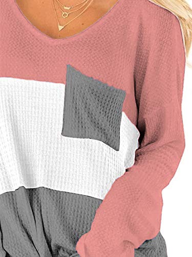 Ido4U Women\'s Long Sleeve Sweater Color Block Casual V Neck Waffle Knit Twist Blouses Tops (S,Pink)