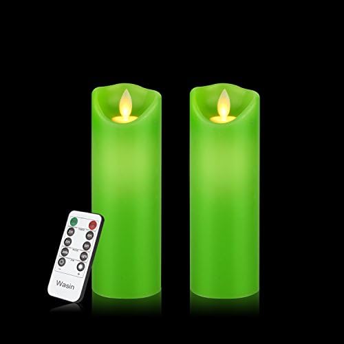 Flameless Candles Flickering Candles Decorative Battery Flameless Candle Classic Real Wax Pillar With Dancing LED Flame &amp; 10-key Remote Control 2/4/6/8 Hours Timers (Green)
