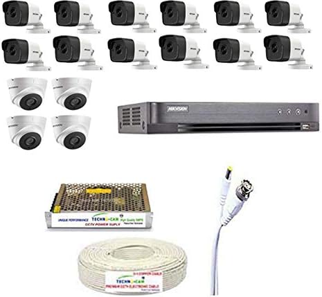 HIKVISION Ultra HD 5MP Cameras Combo KIT 16CH DVR with 2 SATA+ 12 Bullet Cameras + 4 Dome Cameras+ Wire ROLL +Supply & All Required CONNECTORS,(Without HDD) Techno-Krat