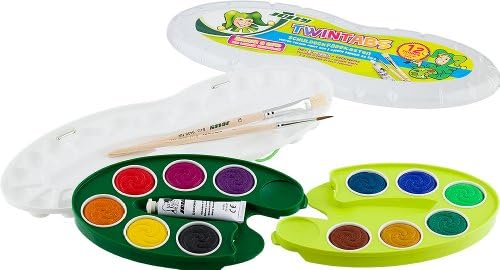 Jolly TwinTabs Watercolor Paint; Set of 12 Colors with 2 Paint Trays, 2 Brushes, Mixing Palette, and Opaque White Mixing Paint.