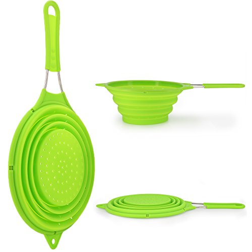 Collapsible Silicone Colander Foldable Strainer Kitchen Food Strainer with Stainless Steel Handle 100% BPA Free and Food Grade Silicone,Best for Rinsing or Draining Vegetables and Fruits-Green - Thumbnail 4