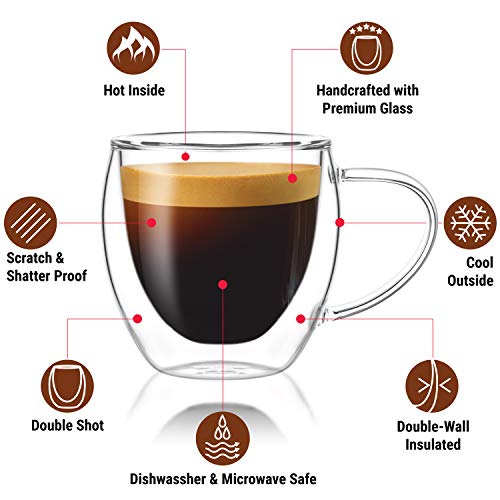 Double Walled Glasses Set of 2 Cups 7 oz- Glass Coffee Cups- Coffee Glass Cups 200ml- Double Wall Tea Mugs- Glass Mugs with Handle- Double Insulated Coffee Mug- Double Wall Coffee Glass Cups- Tea Cups - Thumbnail 2