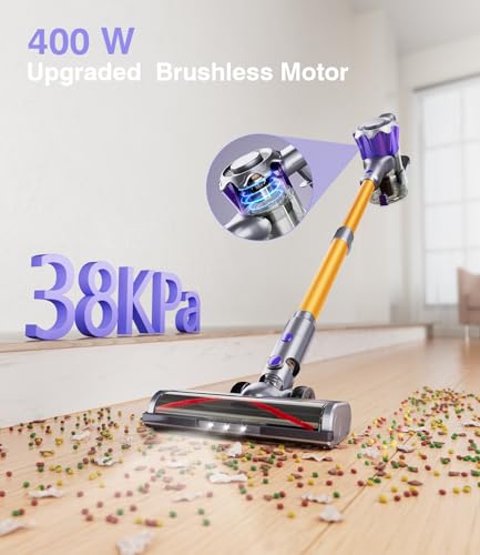 Cordless Vacuum Cleaner, 400W 38Kpa Powerful Stick Vacuum Cleaner, Up to 50Mins Rechargeable Battery, Vacuum Cleaners for Home Anti-Tangled Lightweight Handheld for Hardwood Floor, Carpets, Pet Hair