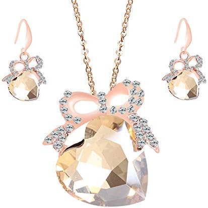 WuWxiuzhzhuo Sale Women Girl 3Pcs/Set Heart Shape Faux Gemstone Rhinestone Pendant Necklace Hook Earring Champagne