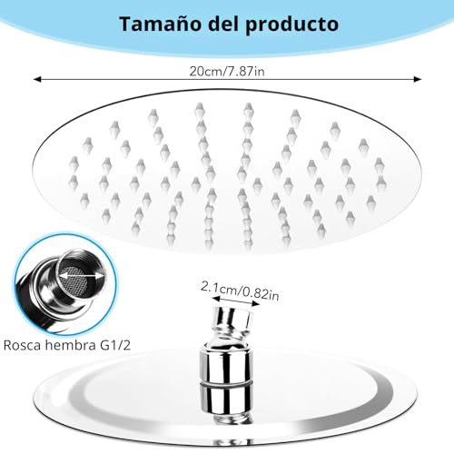 8 Inch/20 cm Shower Sprayer Round Stainless Steel Rain Shower Head with 360° Adjustable, G1/2 Inch, Silver