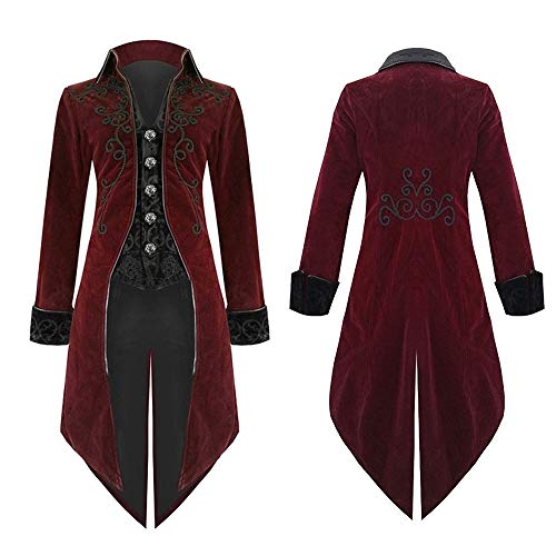 KFSO Mens Gothic Tailcoat Jacket Vintage Black Steampunk VTG Victorian Long Coat (Red, L)