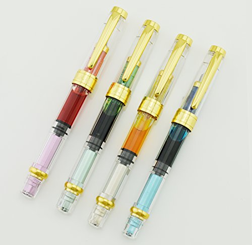 4 PCS Wing Sung 3008 Piston Fountain Pen Fine Nib Transparent Diversity Color Gold Trim Set