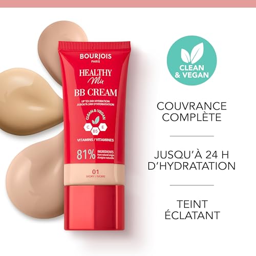 Healthy Mix, 02 Vanille, BB Crème, Fond de teint en crème, Couvrance et hydratation toute la journée, Vitamines C, E et B5, Formule clean et vegan, 30 ml