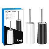 Toilet Brush And Holder Stainless Steel, HOMTOYOU Length Handle Toilet Bowl Brush Scrubber Set With Durable Bristles And Sturdy Stand For Toilet And Bathroom (White And Black 2 Pack)