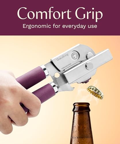 Graceliving Premium Multifunction Magnetic Manual Can Opener and Bottle Opener, Heavy Duty Stainless Steel Sharp Cutting Blade and Oversized Easy Turn Knob, Soft-Touch Handle, Kitchen Use, Mauve