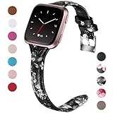 Maledan for Fitbit Versa Bands Women Men Large Small, Slim Genuine Leather Band Accessories Replacement Strap for Fitbit Versa Smart Watch (Black/White Floral, Large Size: 5.6