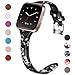 Maledan Compatible with Fitbit Versa Bands Women Men Large Small, Slim Genuine Leather Band Accessories Replacement Strap for Fitbit Versa Smart Watch, Black/White Floral, Small Size