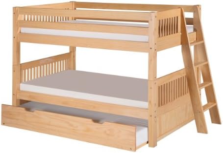 Camaflexi Mission Style Solid Wood Low Bunk Bed with Trundle, Twin-Over-Twin, End Angled Ladder, Natural
